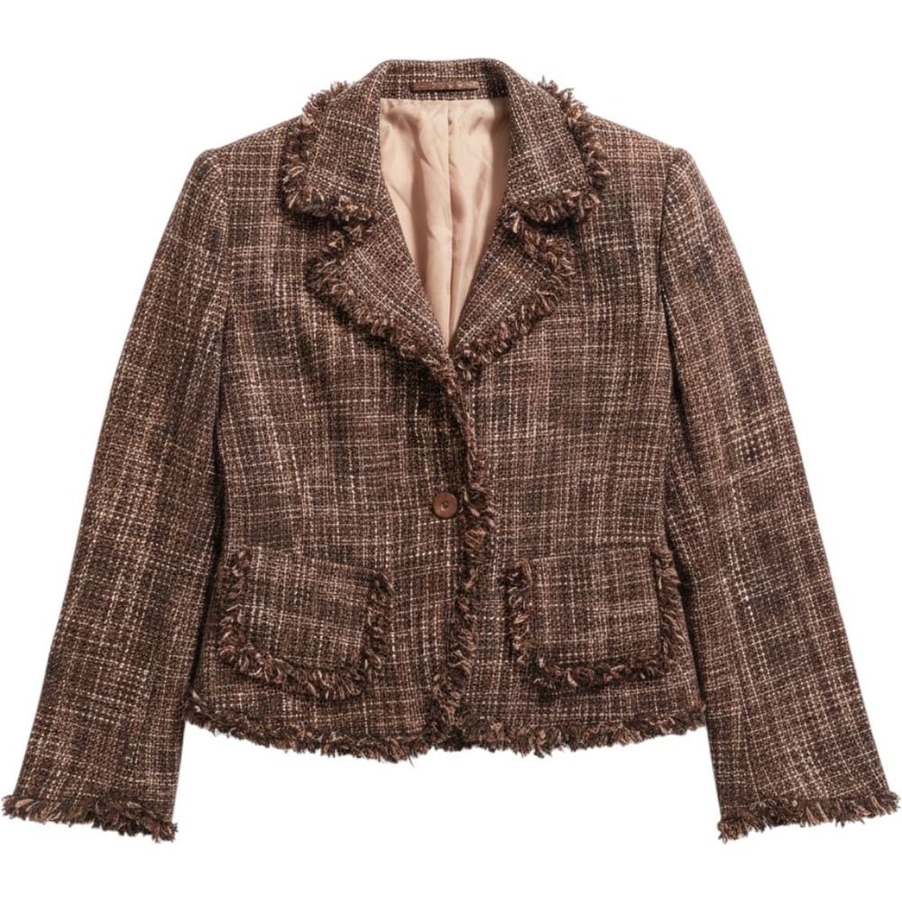 Silkland Brown Silk Blend Tweed Fringed Blazer Jacket Brown Tan Large